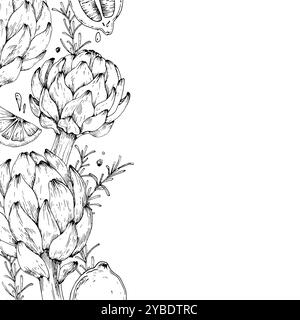 Frame with artichoke, lemon, pepper and rosemary hand drawn with ink. Stock Vector