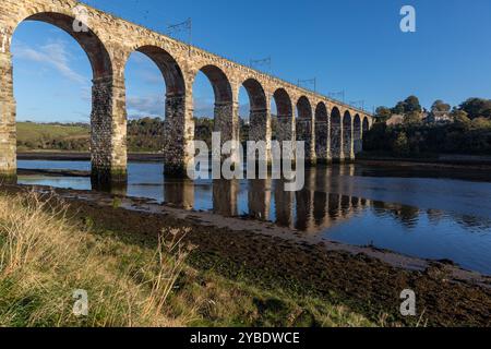 The Royal Border Bridge which carries the main east coast line across the River Tweed viewed from the south side of the river Stock Photo