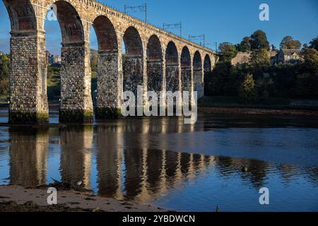 The Royal Border Bridge which carries the main east coast line across the River Tweed viewed from the south side of the river Stock Photo