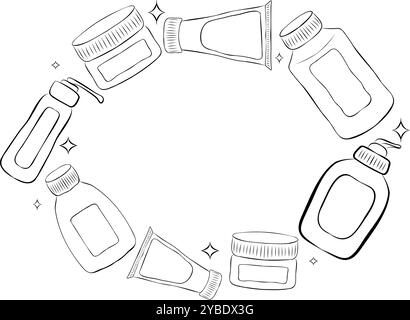 Cosmetic jars, bottles in oval frame . Hand drawn line illustration with graphic in black and white ink. Round template vector wreath Stock Vector