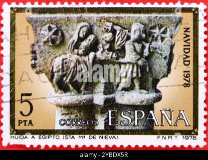 Photo of a 1978 postmarked 5 Spanish pesetas Christmas postage stamp Capitals from Santa Maria de Nieve Flight into Egypt Stock Photo