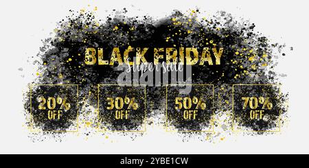 Golden black friday text emerging from a black explosion. Black friday design and discounts for advertising, banners, leaflets, flyers, stickers Stock Vector