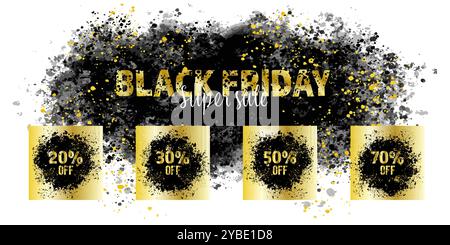 Golden black friday text emerging from a black explosion. Black friday design and discounts for advertising, banners, leaflets, flyers, stickers Stock Vector