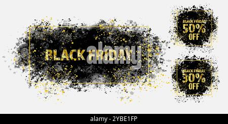 Golden black friday text emerging from a black explosion. Black friday design and discounts for advertising, banners, leaflets, flyers, stickers Stock Vector