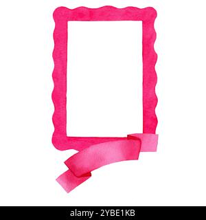 Pink Rictangular Ribbon Frame Watercolor rectangular pink frame with ribbon for text. Hand drawn ...