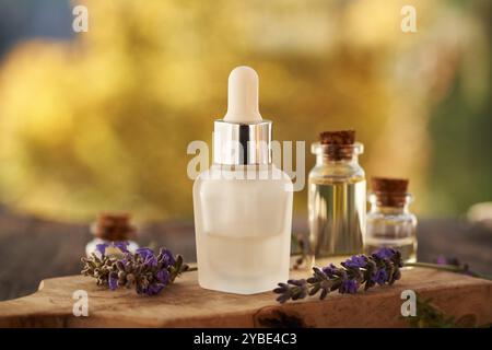 Lavender essential oil in a glass bottle outdoors in autumn Stock Photo