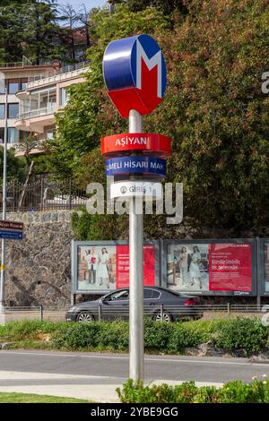 Istanbul, Turkiye - OCT 14, 2024: Istanbul Metro signboard at the Asiyan Rumelihisari Station on the European side of the Bosphorus. Stock Photo