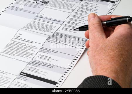Absentee voter holding pen in hand chosing in US General Election Stock Photo