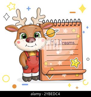 A cute cartoon deer and a notebook with stickers. Vector illustration of animal on a white background with stars, circles. Stock Vector