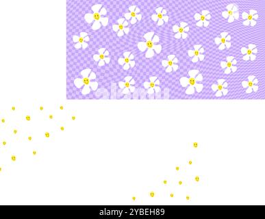 Cute purple horizontal checkered background with daisy all over the backdrop. Stock vector illustration in cartoon style. Stock Vector
