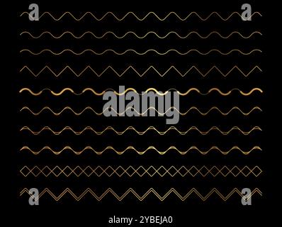 Gold Zigzag Wave Line Border Frame Element Set on Black Background Stock Vector