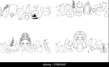 skin care bottles and tools seamless border set. Isolated vector illustration for your design Stock Vector