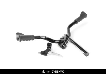 Bicycle handlebars and brake lever isolated on white Stock Photo