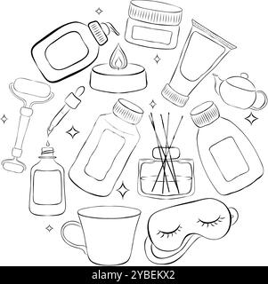 vector label with skin care products bottles logo. vector line illustration in circle Stock Vector