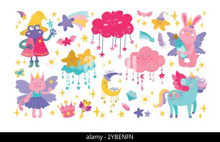 Childrens magic elements. Cute colorful big set with unicorn, rainbow and fairtalles animals. Childish flat vector illustrations collection. Rainy clo Stock Vector