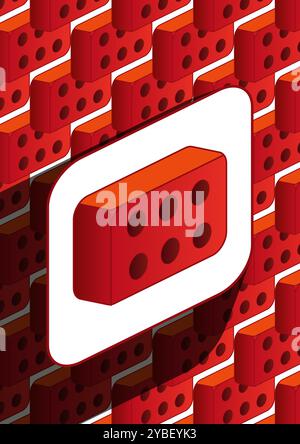 Red clay brick with holes, isometric icon cartoon style, seamless pattern, vector illustration Stock Vector