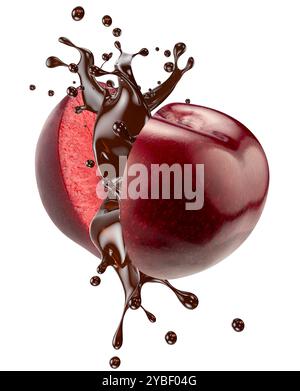 sweet cherry in chocolate splash isolated on a white background. Stock Photo