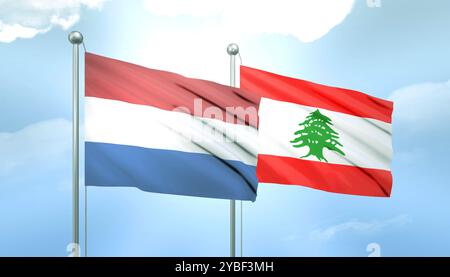 3D Flag of Netherlands and Lebanon on Blue Sky with Sun Shine Stock Photo