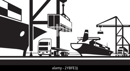 Port crane loading industrial ships with cargo containers – vector illustration Stock Vector