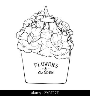 Linear illustration bouquet of flowers in a garden bucket. Hand drawn Contour Sketch Flowers graphic. Vintage engraving blooming Eustoma on isolated Stock Vector