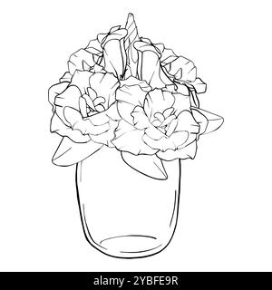 Linear illustration bouquet of flowers in a vase. Hand drawn Contour Sketch Flowers graphic. Vintage engraving blooming Eustoma on isolated background Stock Vector