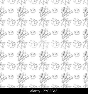 Two succulents and a cactus with many hanging shoots and a simple blooming cactus, in doodle style. Simple seamless pattern. Vector illustration. Stock Vector