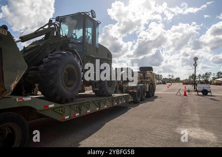 Indiana Army National Guard soldiers from the 776th Brigade Engineer Battalion, headquartered in Lawrence, enter the motor pool at Camp Blanding, Florida, Oct. 12, 2024. Indiana Gov. Eric Holcomb activated approximately 400 Hoosier National Guard soldiers to assist the Florida National Guard and also local, state and federal civilian agencies with recovery and relief efforts following Hurricane Milton. (Indiana National Guard photo by Sgt. Skyler Schendt) Stock Photo