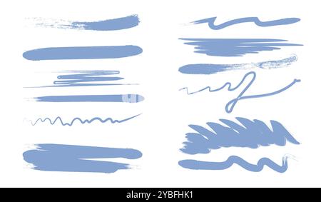Collection of ink brush strokes. Blue brushtrokes. Dirty and grunge style. Minimalistic creativity and art. Watercolor borders pack. Flat vector set Stock Vector
