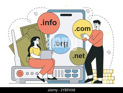 People with internet domains. Name for websites. Man and woman with laptop on large router. Wireless connection and communication. Linear vector Stock Vector