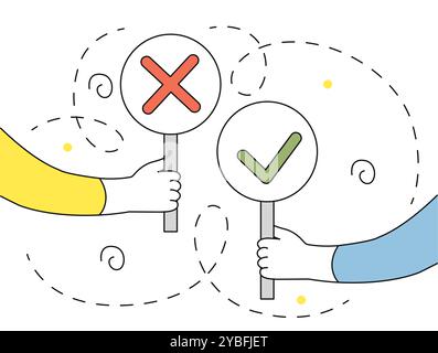 Yes or no. Hands hold signs with green check mark and red cross. Decision making process. Solution and answer to question. Business voiting. Linear Stock Vector