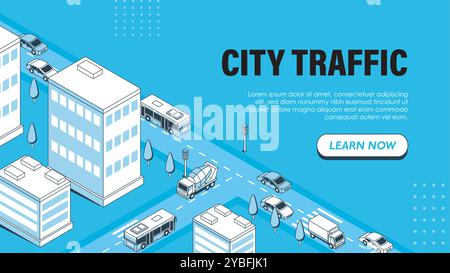 Isometric city traffic poster. Cars at crossroad at urban streets. Pedestrian crosswalk and zebra. Landing webpage design. Linear vector illustration Stock Vector