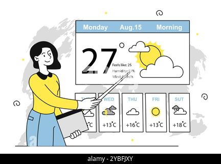 Meteorologist with pointer. Woman with pointer tells weather forecast. Television meteorological show. Knowledge and information. Linear vector Stock Vector
