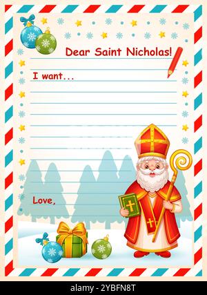 Letter to Saint Nicholas. St Nicholas holiday day. Christmas children gift wish list. Christian Sinterklaas Santa Claus character. Paper mail template Stock Vector