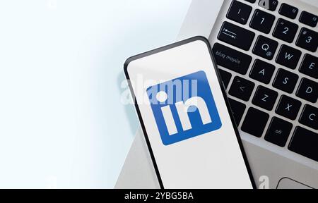 LinkedIn app on smartphone screen. Mobile phone with a professional and business oriented social network service application. ROSARIO, ARGENTINA Stock Photo