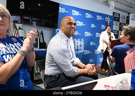 Austin Texas USA, October 18 2024: Texas Democratic Congressman COLIN ALLRED (D-Dallas) waits to speak as he visits a phone bank at the Travis County (TX) Democratic Party headquarters. Allred is campaigning to unseat incumbent Republican Sen. Ted Cruz (not shown) in November. Credit: Bob Daemmrich/Alamy Live News Stock Photo