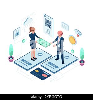 Isometric Two People Exchanging Money Via Smartphone. Peer-to-Peer Payment Transaction Concept Stock Vector