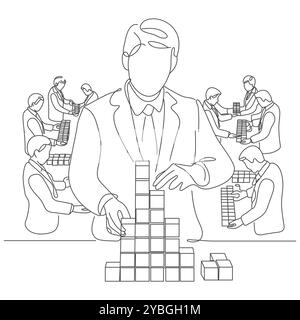 Continuous one line drawing of business people connecting jigsaw puzzle, working together, teamwork to solve problem concept, single line art. Stock Vector