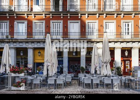 Madrid, Spain, November 1, 2019: Scenic view of Plaza Mayor Square in historic centre of Madrid. Sidewalk cafe, Europe Stock Photo