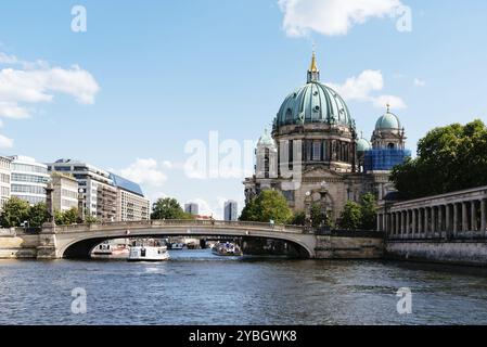 Berlin, Germany, July 27, 2019: Scenic view of Spree river, Friedrichs Bridge and Berlin Cathedral or Berliner Dom in Museum Island, Europe Stock Photo