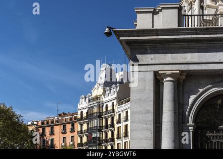 Madrid, Spain, April 14, 2019: Detail of The Royal Theater of Madrid in Orient Square in front of Royal Palace, Europe Stock Photo