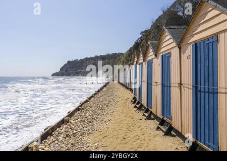 Beach Huts on the Channel Coast in Shanklin on the Isle of Wight, England, UK Stock Photo