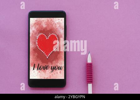 Valentines day sale background with heart illustration with the words I Love You on smartphone screen mockup on pink background with pencil. View from Stock Photo