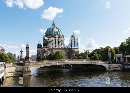 Berlin, Germany, July 27, 2019: Scenic view of Spree river, Friedrichs Bridge and Berlin Cathedral or Berliner Dom in Museum Island, Europe Stock Photo