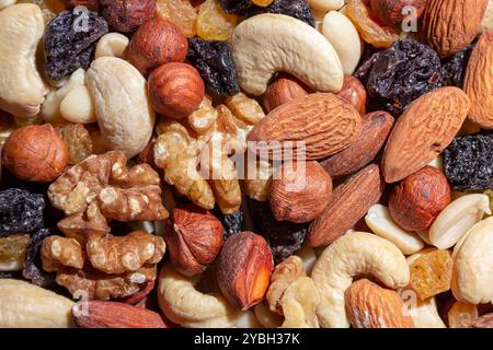 Mixed Nuts: Almonds, Walnuts, Cashews, Peanuts, Hazelnuts, Dried Prunes and Raisins. Different Nut Mix. Background from Various Nuts and Dried Fruits Stock Photo
