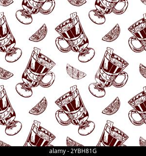 Mulled wine and lemon slice, seamless pattern. Vector illustration in graphic style. For wrapping paper, textile, fabric, covers, craft packaging. Stock Vector