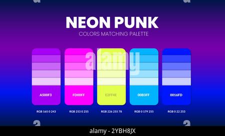 Color palette guide in Neon Punk colour theme collections. Color inspiration or chart with codes template. Color combination RGB. Colors swatches for Stock Vector