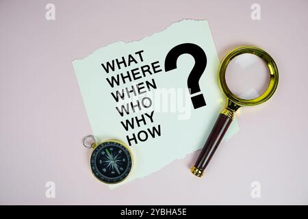 What Where When Who Why How and Question mark written on paper torn with compass and magnifying glass top view on pink background Stock Photo