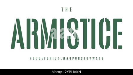 Narrow stencil alphabet, bold military style font, condensed army font for patriotic logos, commemorative headlines, vintage branding. Strong tall Stock Vector