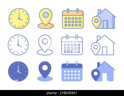 Set of minimalist flat and outline time, date, location icons. Clock, calendar, map pin, house. Vector illustration Stock Vector