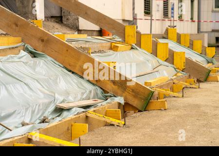 View of the construction and repair of steps near the building. Stock Photo